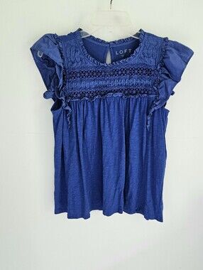 Loft Eyelet Ruffle Royal Blue Sleeveless Top